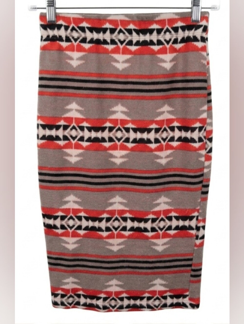 Tribal-Pattern Midi Pencil Skirt in Red and Taupe Woman's Size Small